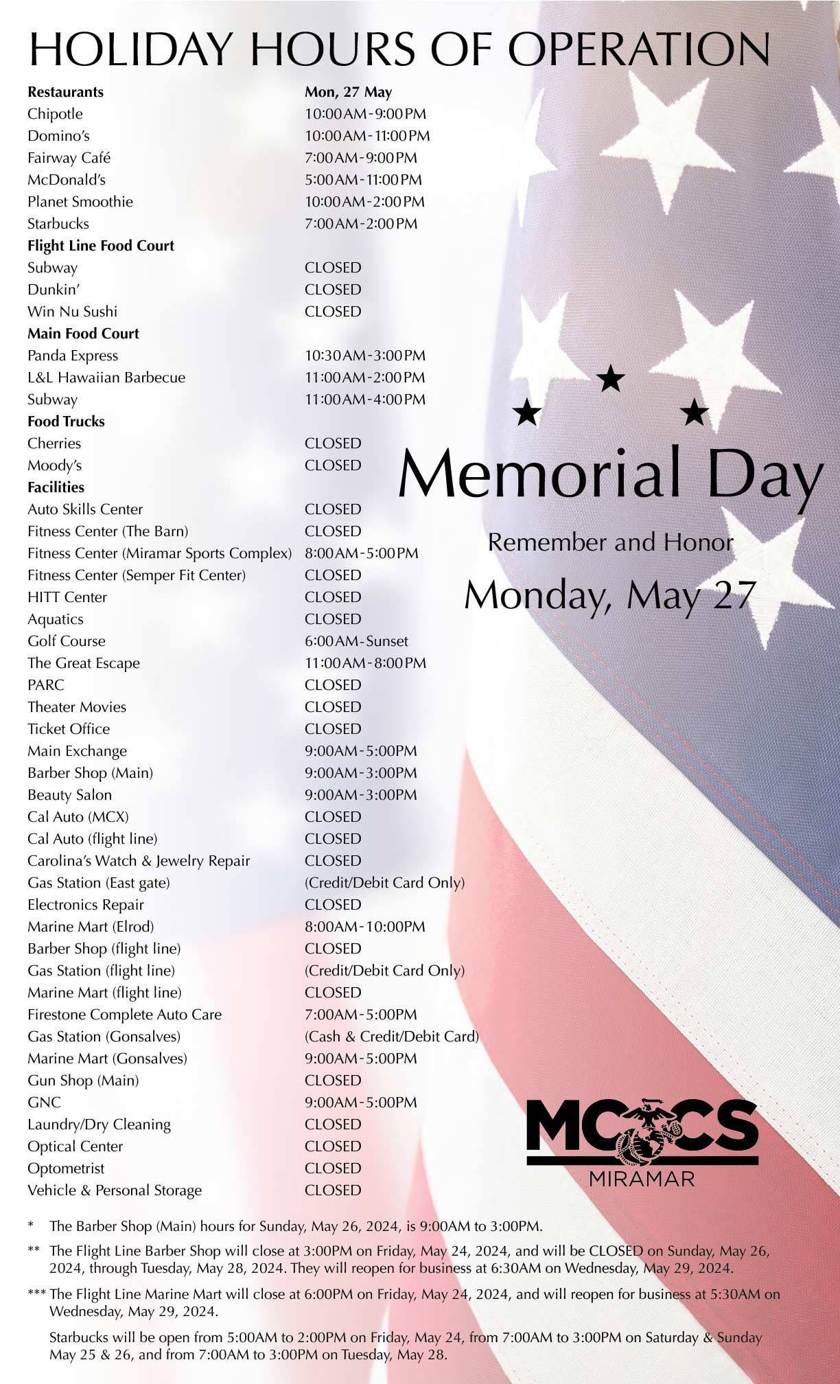 2024 Memorial Day Holiday Hours of Operation for MCCS