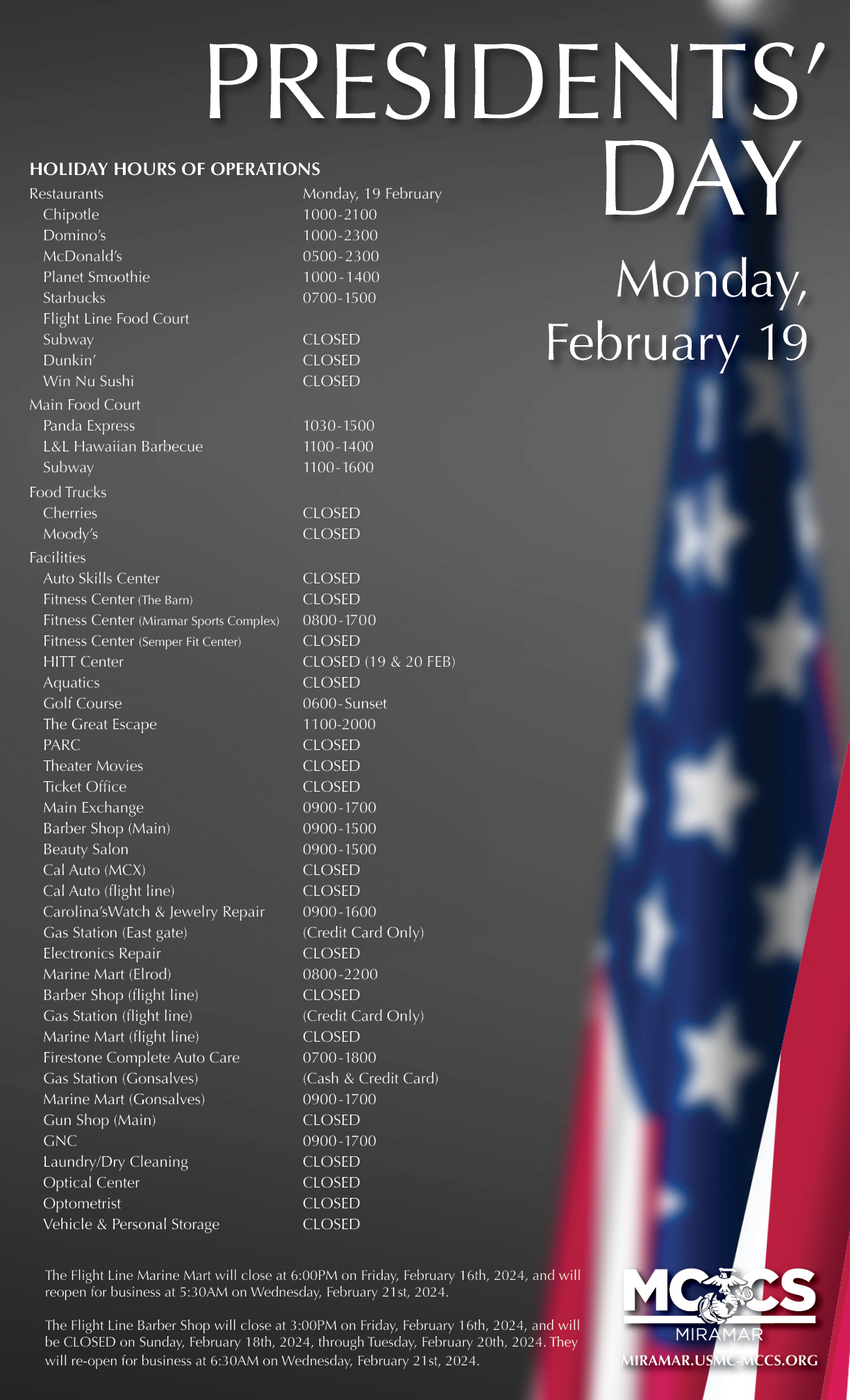 MCCS Miramar Holiday Hours of Operatoin for Presidents' Day, Monday, February 19