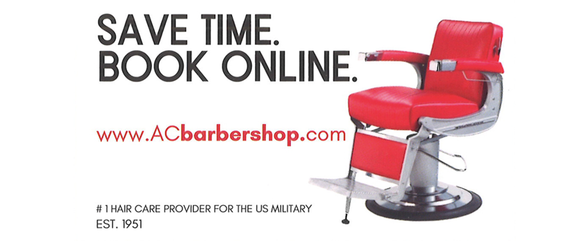 Save Time. Book Online. AC Barber Shop. Image of red color barber chair.