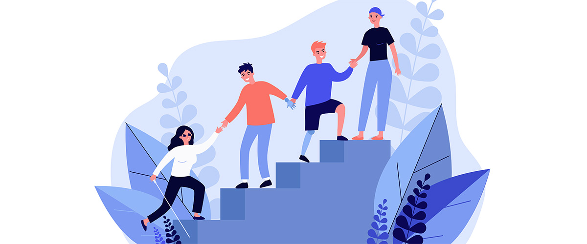 Illustration of people helping people climb steps