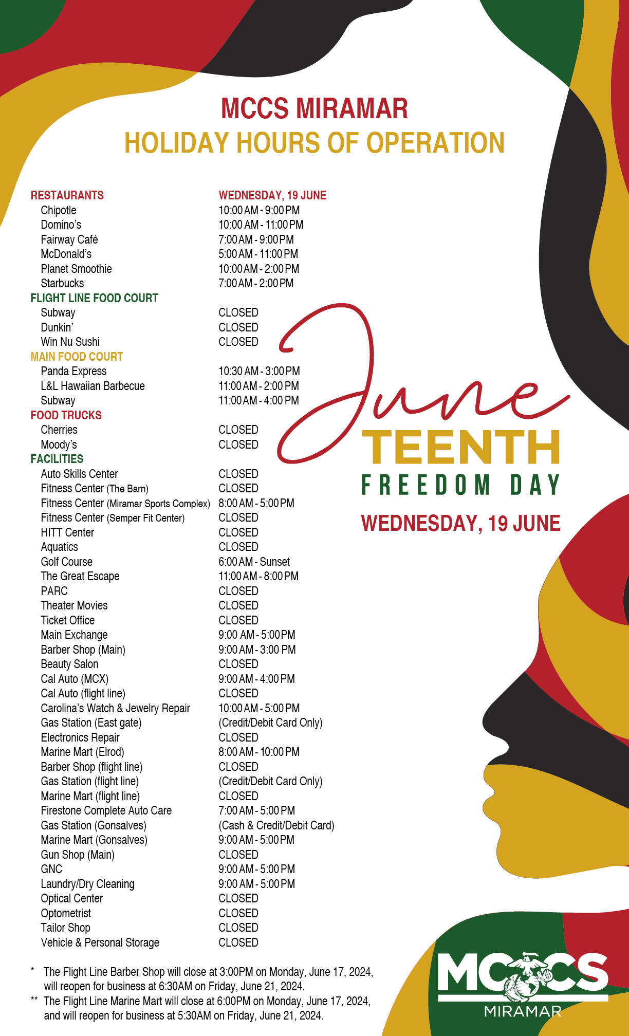 MCCS Miramar Holiday Hours of Operation for Juneteenth, Wednesday, June 19, 2024