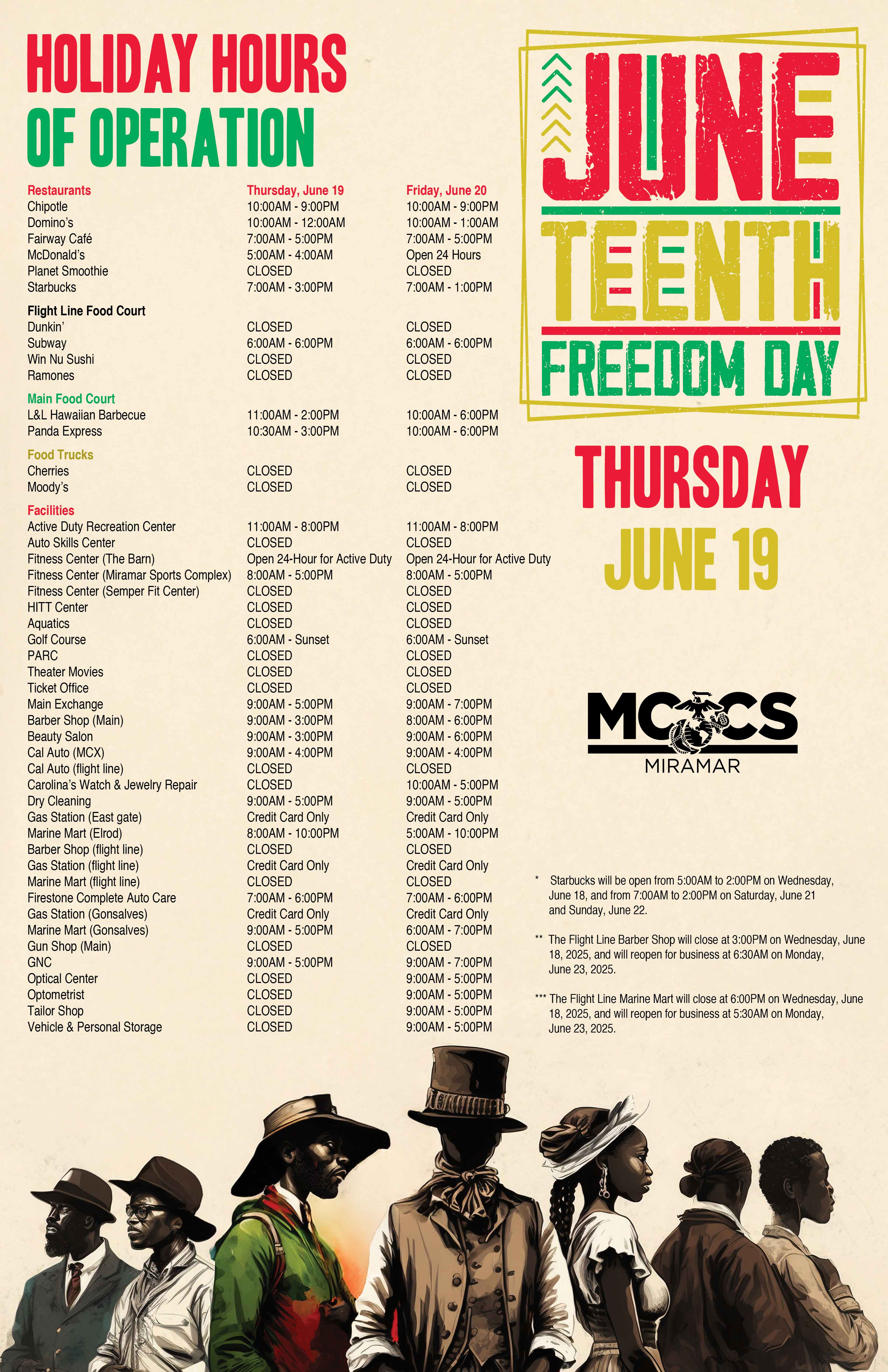 MCCS Holiday Hours of Operation for Juneteenth, June 19, 2025