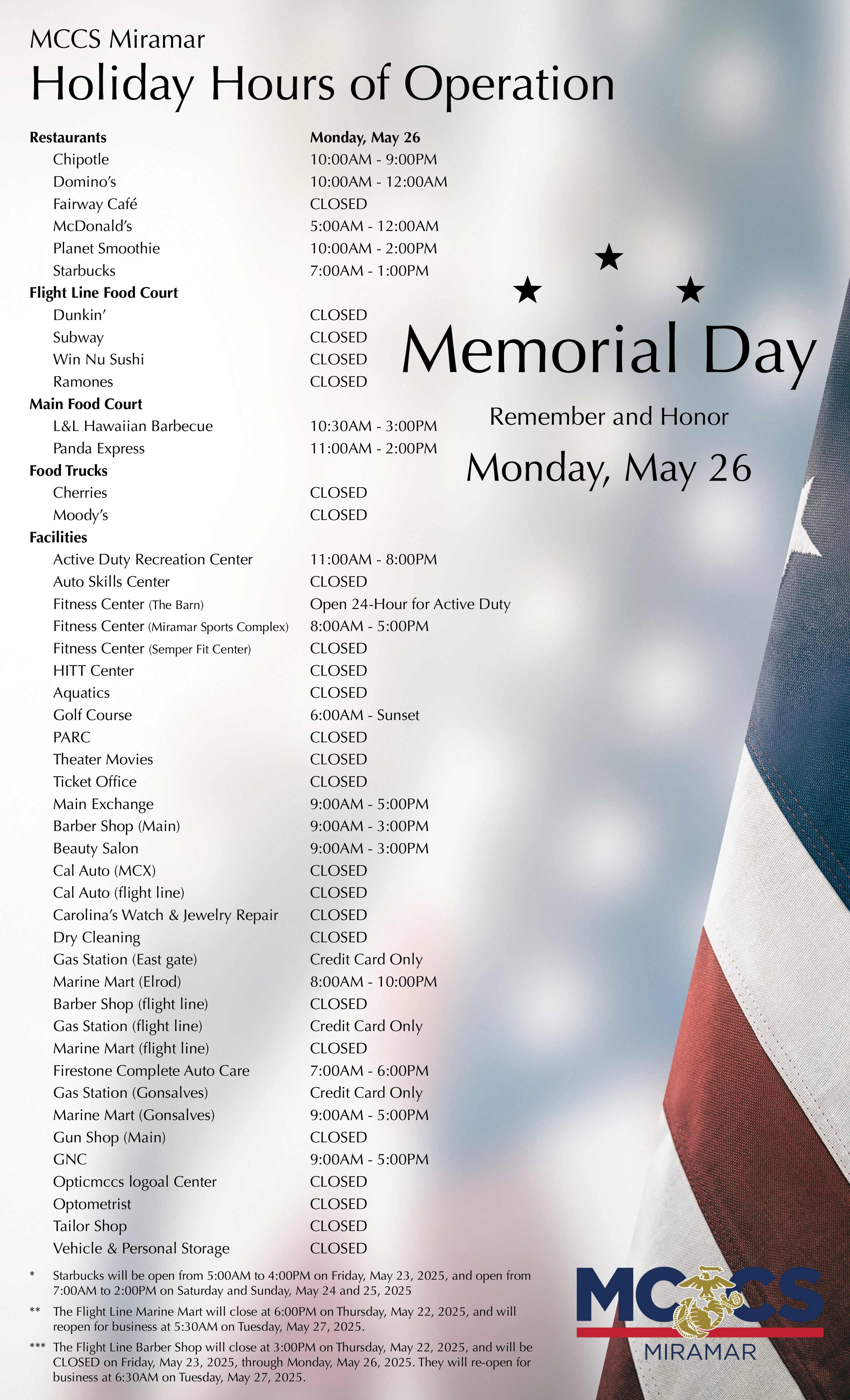 Image of the american flag, overlayed with the MCCS Miramar Holiday Hours of Operation for 2025 Memorial Day