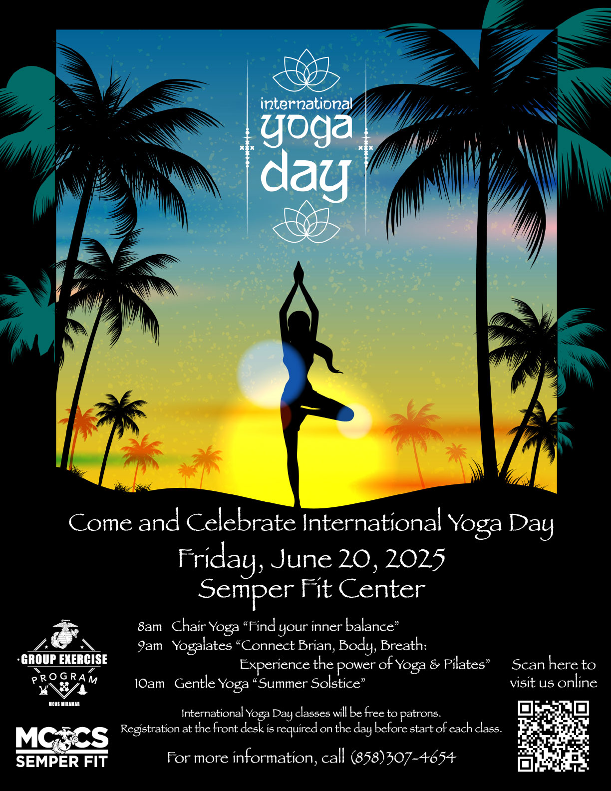 Come and celebrate International Yoga Day, Friday, June 20 at the Semper Fit Center!