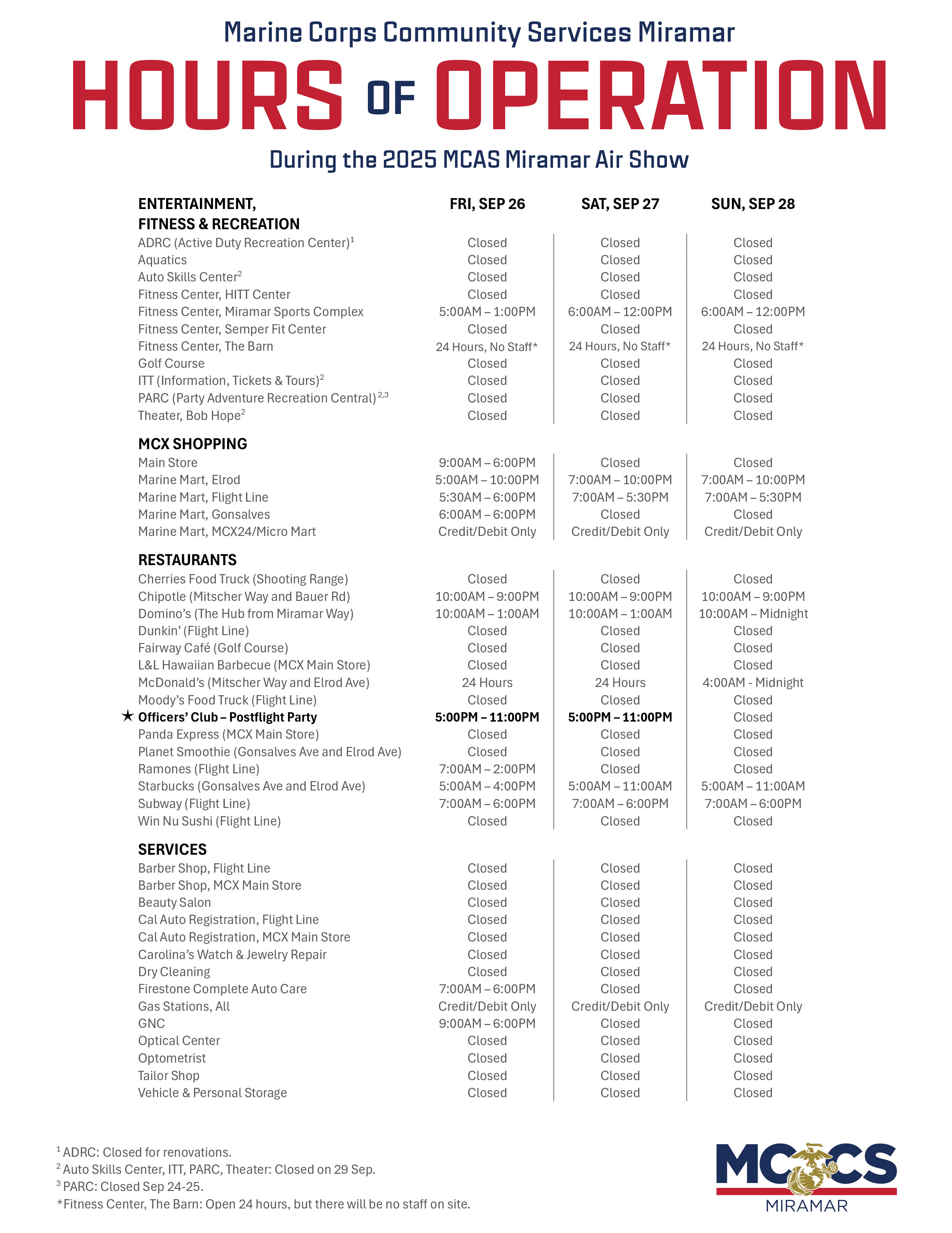 MCCS Miramar Hours of Operation during Air Show